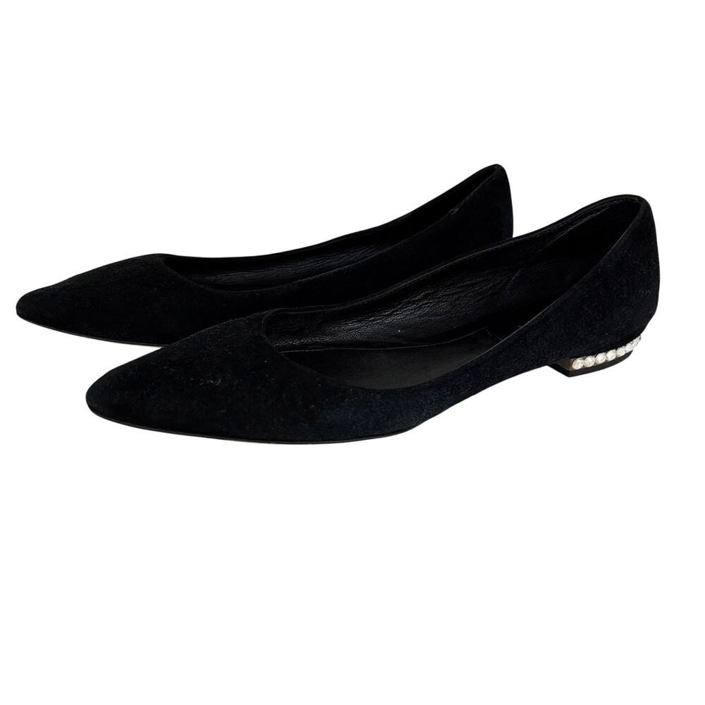 Escada Black Suede Flats Pointed Toe Rhinestone Heel Embellished EU 39 Italy